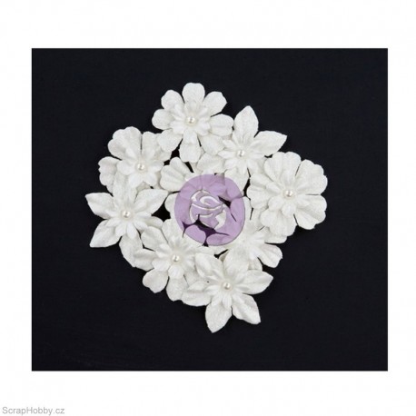 Sada kytiček - bílé se třpytkami - 9ks